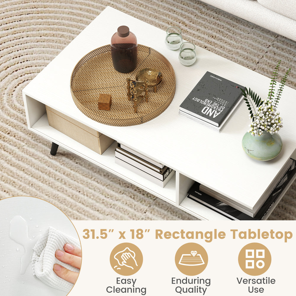 Mid Century Modern rectangle coffee table with 2 open compartments and spacious 31.5” x 18” tabletop for versatile use.