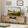 Mid Century Modern entertainment center showcasing an elegant faux rattan design and a spacious tabletop for media.
