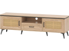 Mid Century Modern entertainment center with faux rattan accents, featuring an open compartment and convenient handles.