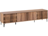 Mid-century modern entertainment center in walnut with slatted doors, featuring 4 storage cabinets for living room.