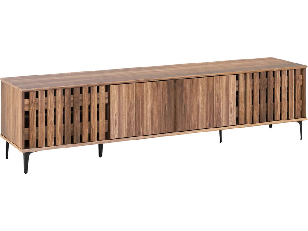 Mid-century modern entertainment center in walnut with slatted doors, featuring 4 storage cabinets for living room.