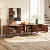 Mid Century Modern entertainment center in walnut with 4 storage cabinets, perfect for organizing living room.
