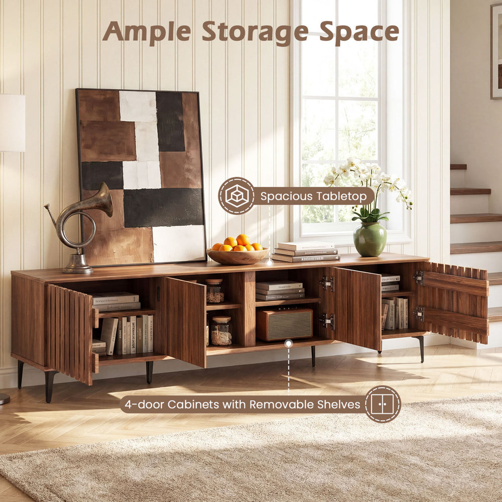 Mid-century modern entertainment center in walnut with spacious tabletop and 4-door cabinets for versatile storage.