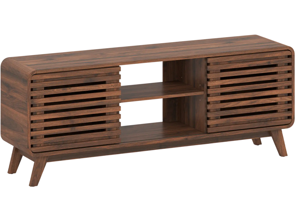 Mid Century Modern entertainment center in walnut with grille-style sliding doors, perfect for living room storage.