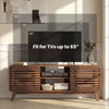 Mid Century Modern entertainment center in walnut, designed for TVs up to 65", featuring grille-style sliding doors.