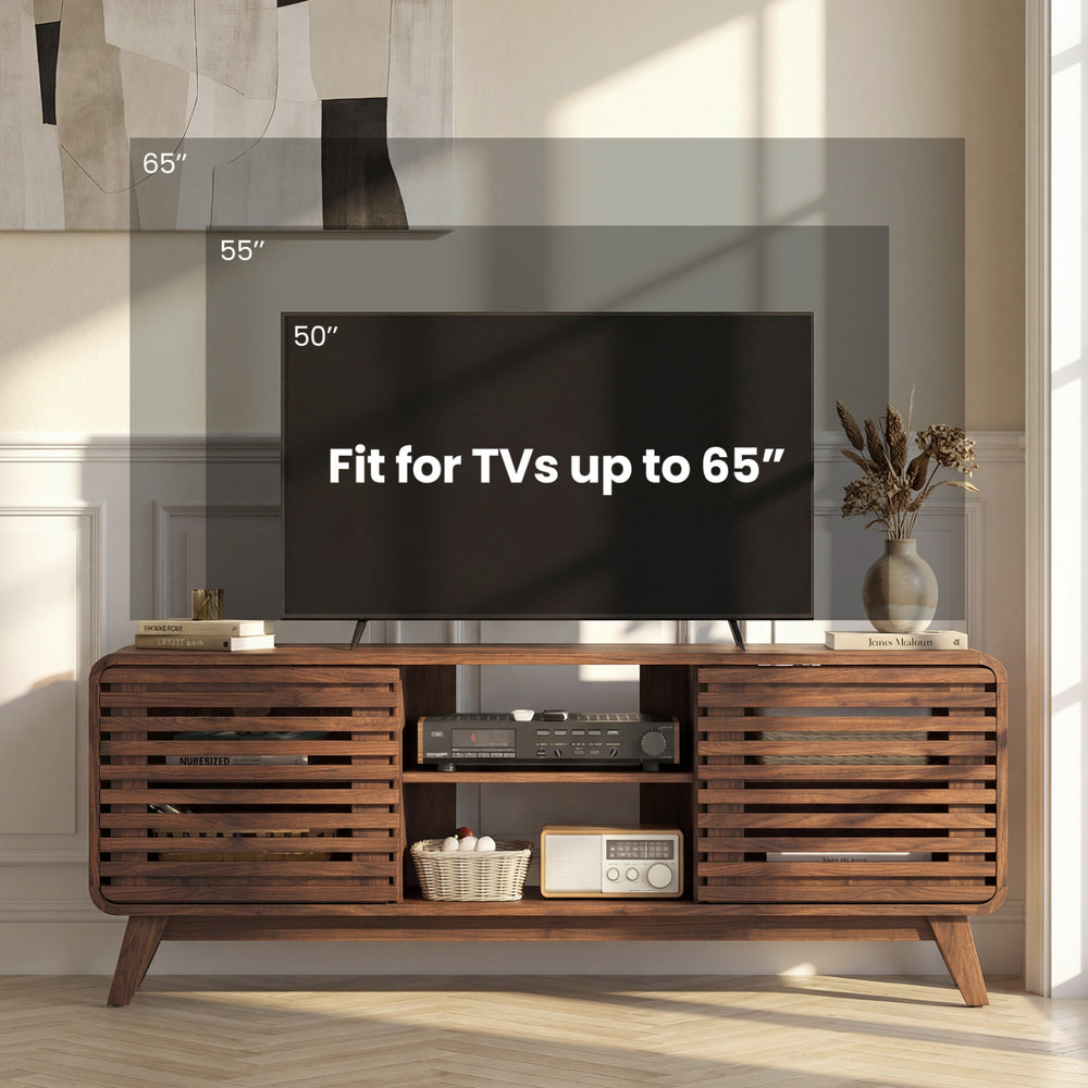Mid Century Modern entertainment center in walnut, designed for TVs up to 65", featuring grille-style sliding doors.