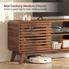 Mid Century Modern Entertainment Center in walnut finish with grille-style sliding doors and raised support legs for.