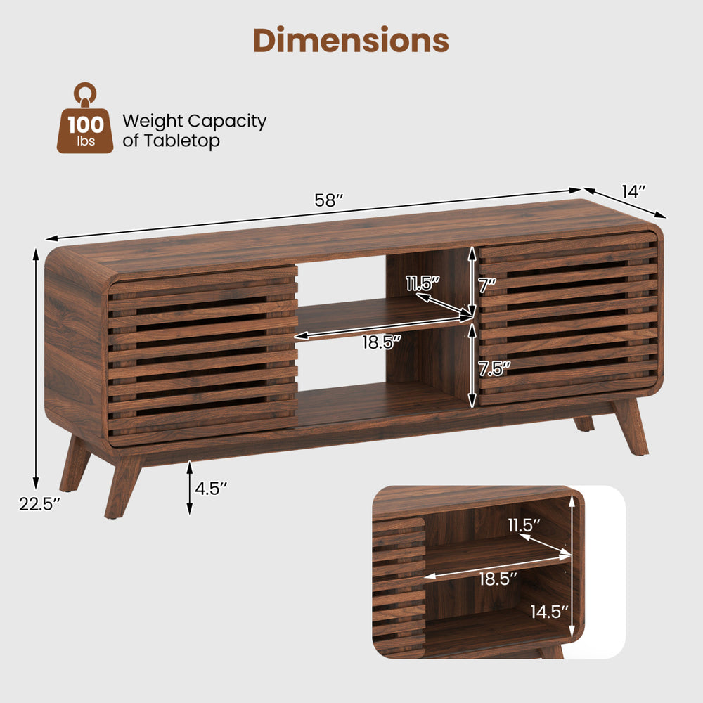 Mid Century Modern entertainment center in walnut with grille-style sliding doors, showcasing dimensions and weight.