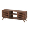 Mid Century Modern entertainment center in walnut with grille-style sliding doors, perfect for living room storage.