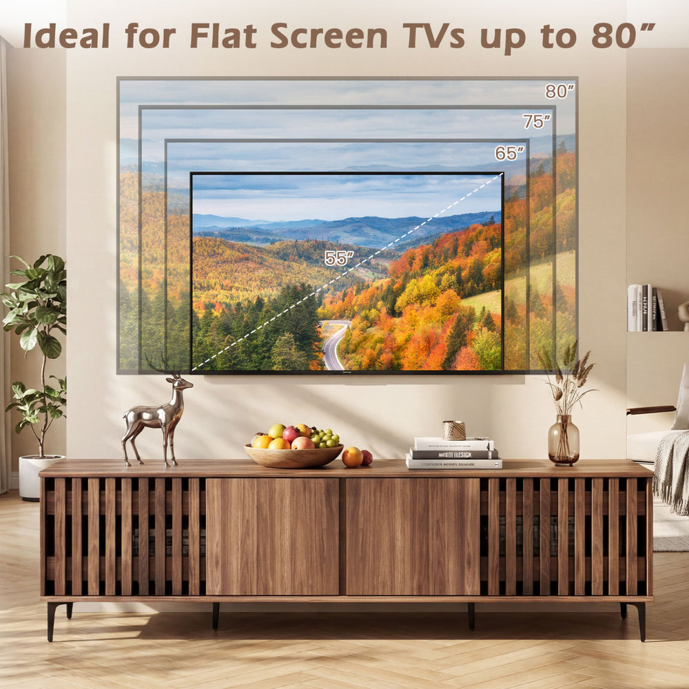 Mid-century modern entertainment center in walnut, featuring 4 storage cabinets and space for flat screen TVs up to 80".