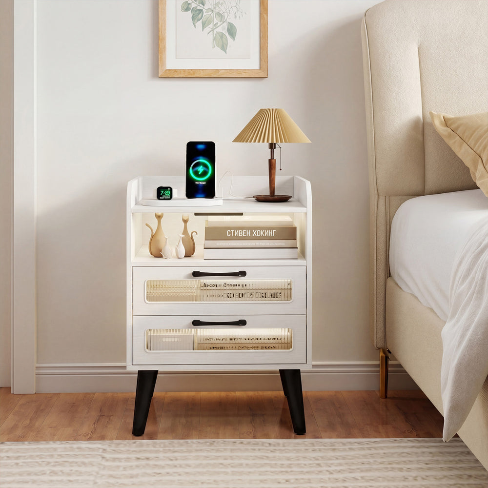 Mid Century Modern nightstand in white features two storage drawers, a clean design, and a cable hole for organized charging.