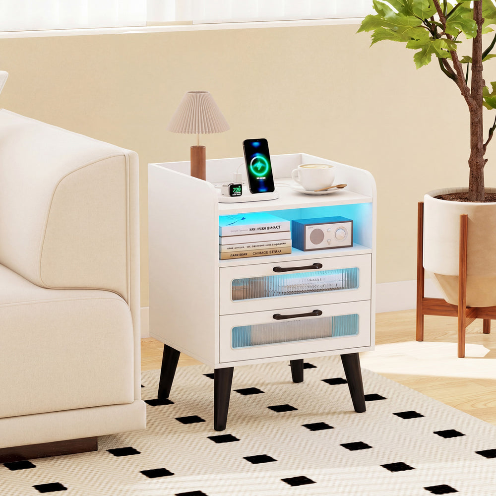 Mid Century Modern nightstand in white showcases a tidy design with an illuminated shelf, remote-controlled lighting, and ample storage.