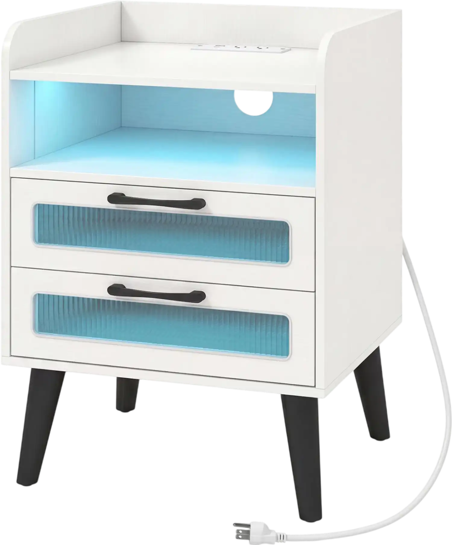 Costway Mid Century Modern Nightstand w/ Charging Station LED Lights 51115476 New