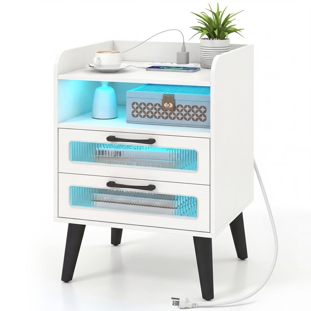 Mid Century Modern nightstand in white showcases an illuminated top shelf, remote-controlled LED lights, and two ample drawers for storage.
