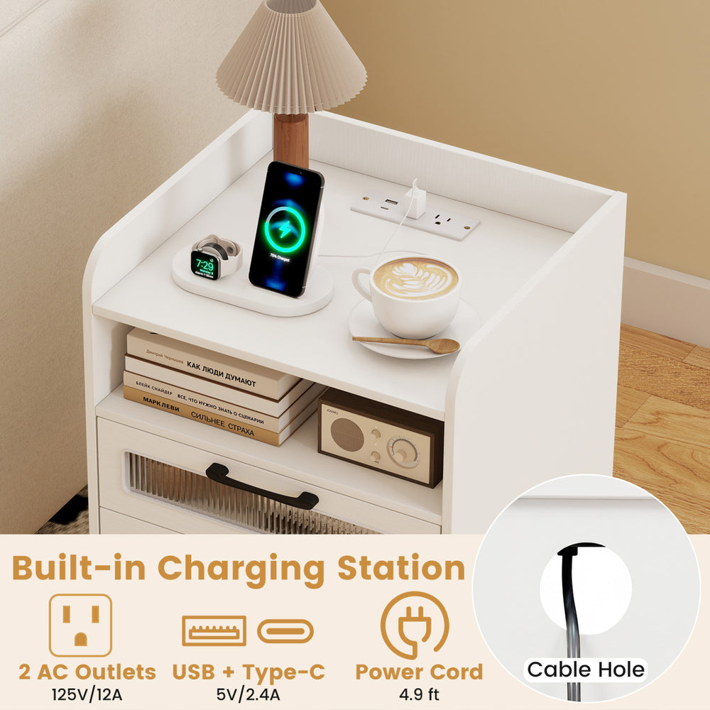 Mid Century Modern nightstand in white features a built-in charging station, two drawers, and LED lights for ambiance.