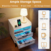 Mid Century Modern nightstand in white features a built-in charging station, LED lights, and two storage drawers for organization.