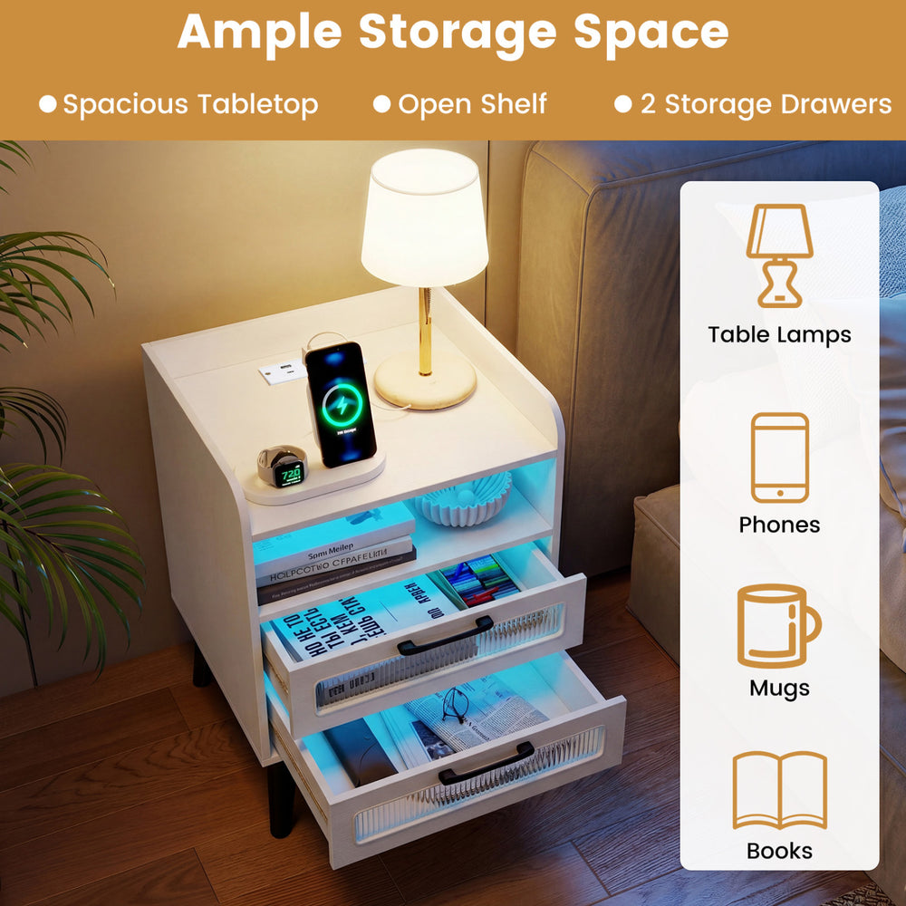 Mid Century Modern nightstand in white features a built-in charging station, LED lights, and two storage drawers for organization.