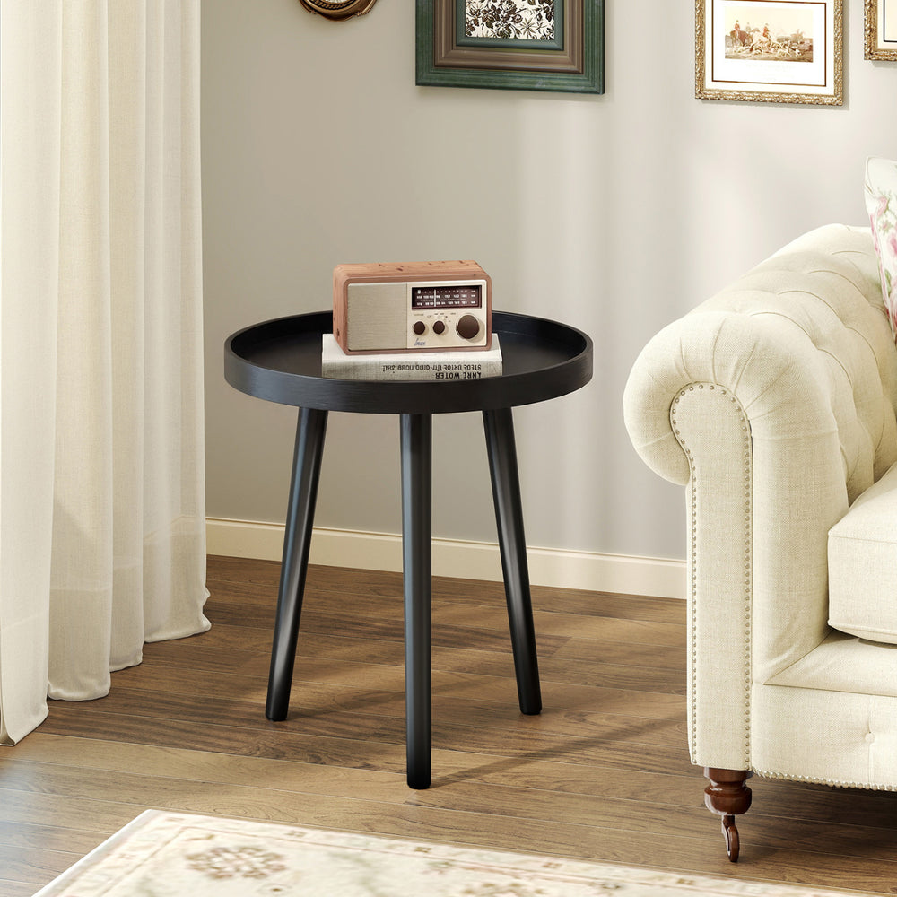 Mid Century Modern Round Side Sofa Coffee Table with Wooden Tray-Black - Gallery View 1 of 10