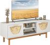 Mid Century Modern TV stand in white with bamboo woven fronts, featuring 2 drawers and space for a 55-inch TV.
