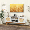 Mid Century Modern TV stand with bamboo woven fronts, featuring 2 drawers and open shelves for electronics, ideal for.