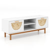 Mid Century Modern TV stand with bamboo woven fronts, featuring 2 drawers and open shelves for 55-inch TV placement.