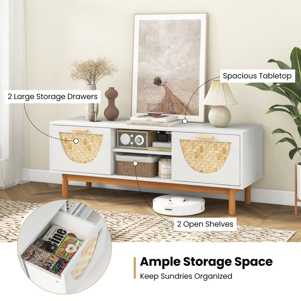 Mid Century Modern TV stand with bamboo woven fronts, featuring 2 drawers and 2 open shelves for organized storage.