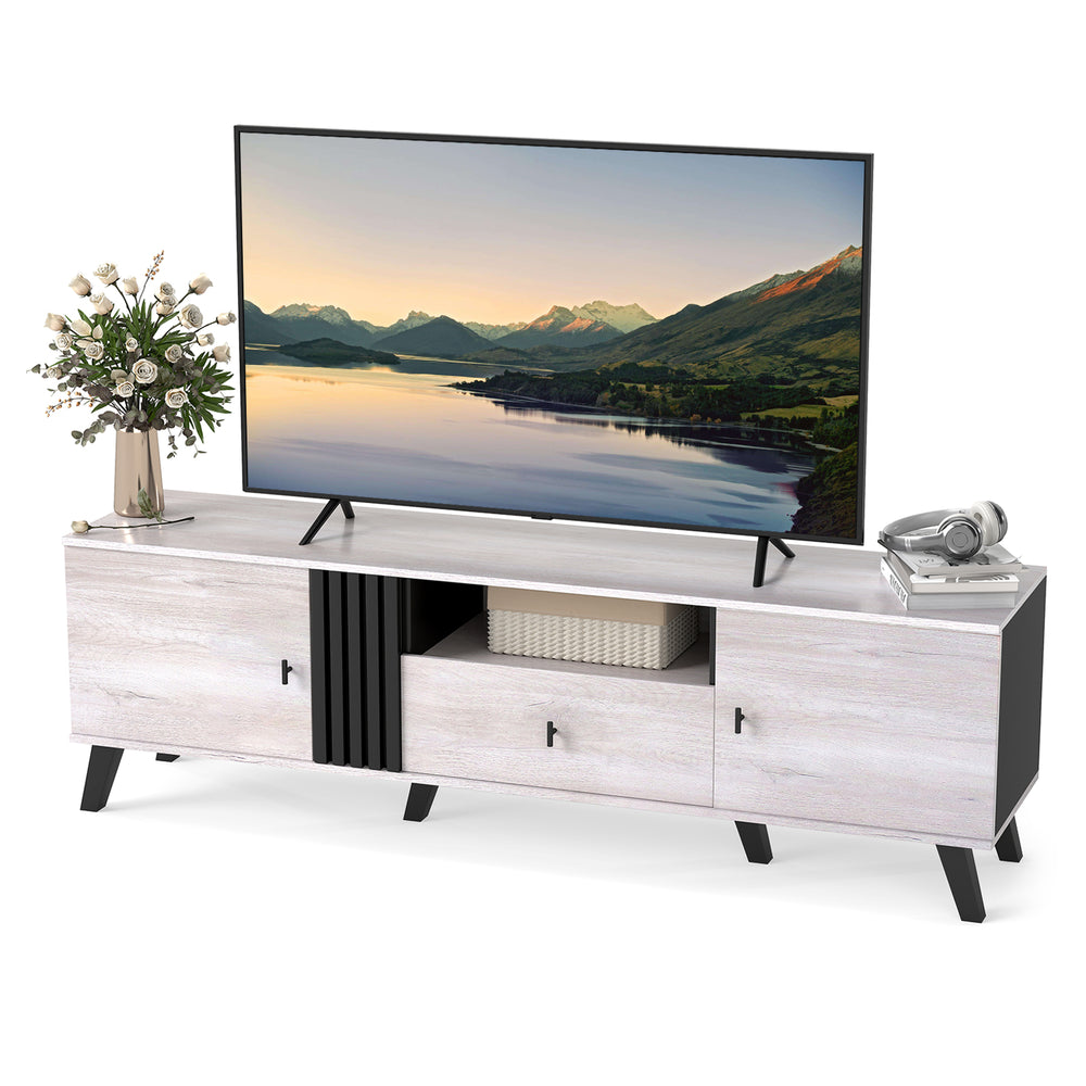 Mid Century Modern TV stand in oak with spacious 68" tabletop, storage doors, and elegant fluted design for living.