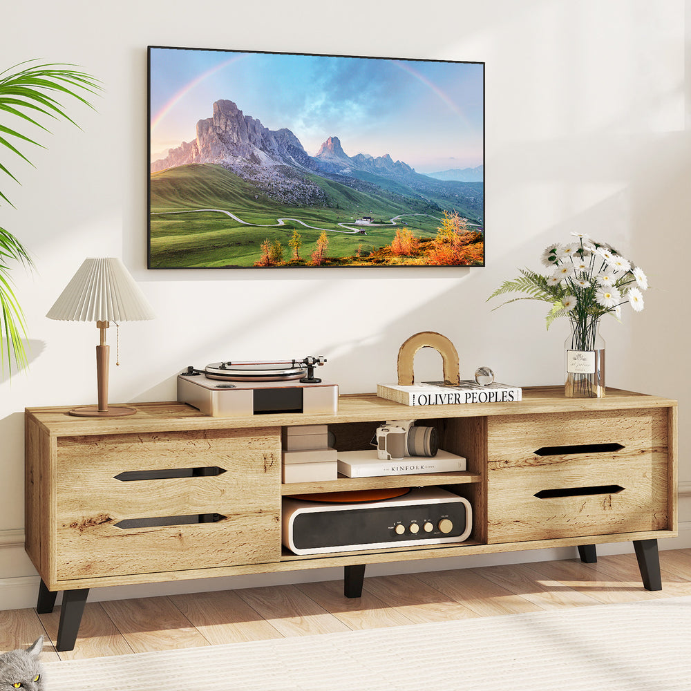 Mid Century Modern TV stand with sliding doors, natural wood grain finish, and cable hole for TVs up to 65 inches.