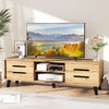 Mid Century Modern TV stand featuring a spacious 59" tabletop, two sliding doors, and a natural wood grain finish.