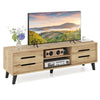 Mid Century Modern TV stand in natural wood finish with sliding doors, designed for 65-inch TVs and ample storage.