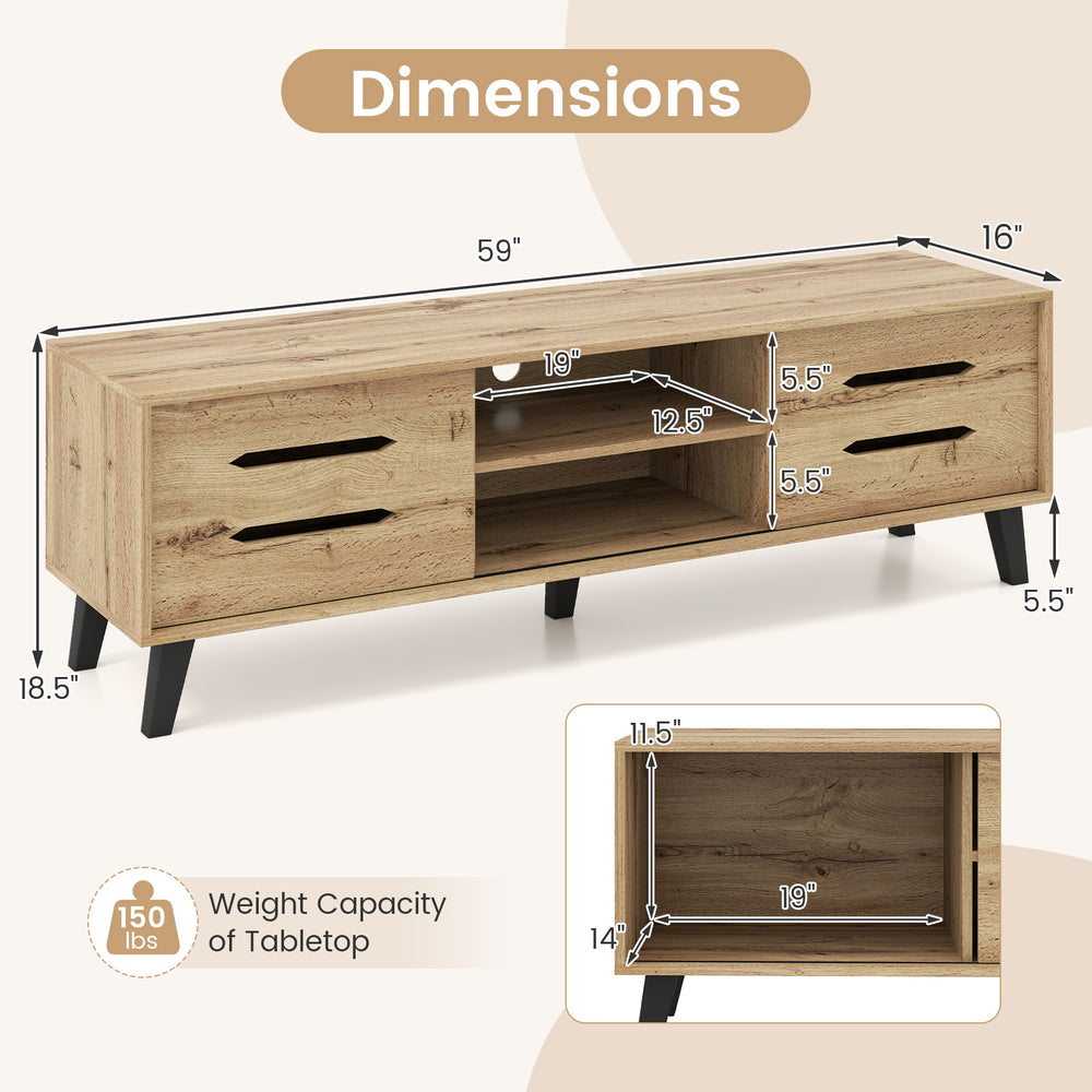 Mid Century Modern TV stand dimensions with sliding doors, cable hole, and natural wood grain finish for 65-inch TVs.