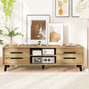 Mid Century Modern TV stand in natural wood finish with sliding doors, ample storage, and cable hole for TVs up to 65.