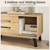 Mid Century Modern TV stand with hollow-out sliding doors, natural wood grain finish, and ample storage for stylish.