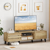 Mid Century Modern TV stand in oak with sliding doors, spacious for 80" TVs, featuring ample storage and cable.