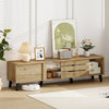 Mid Century Modern TV stand in oak with sliding doors, ample storage, and robot-vac friendly clearance for easy.