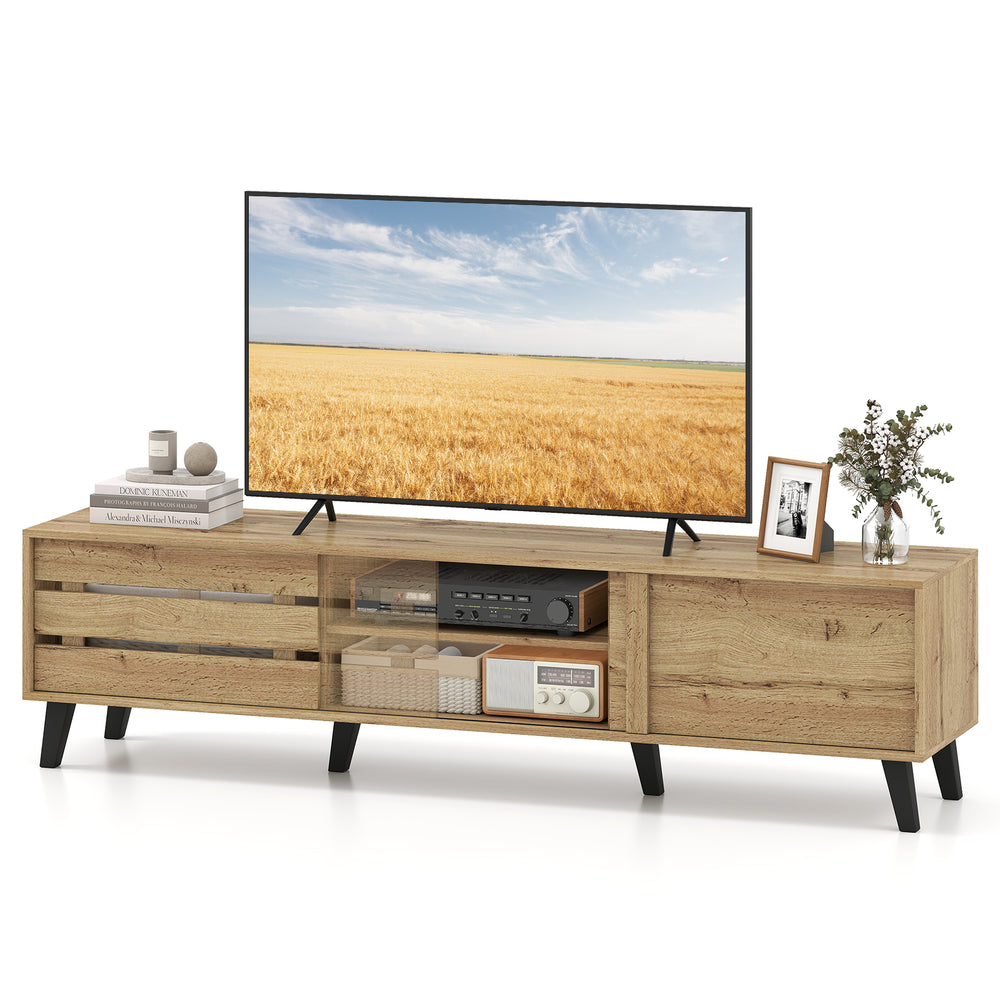 Mid Century Modern TV stand in oak with a clean design, featuring sliding doors and open shelving for stylish storage.