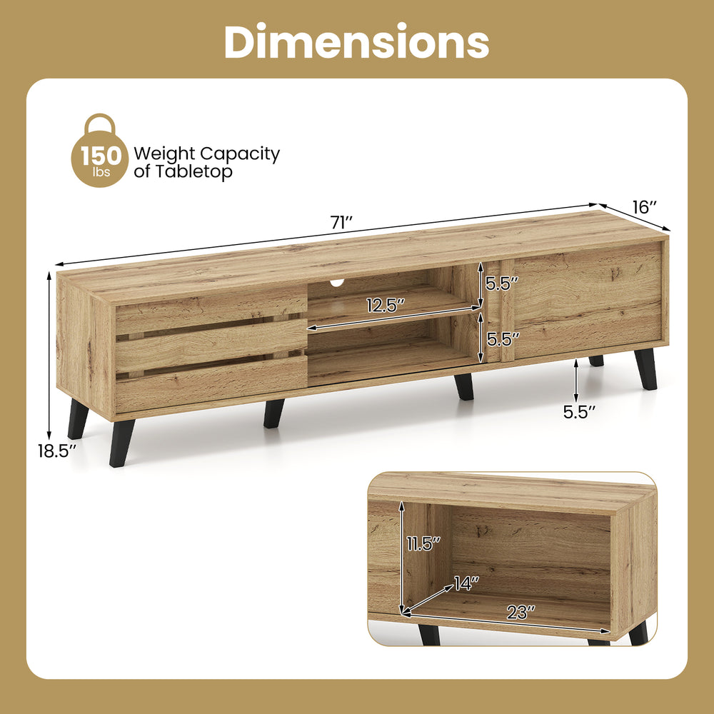 Mid Century Modern TV stand dimensions with sliding door cabinets, oak finish, and ample storage for TVs up to 80.