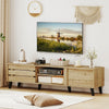 Mid Century Modern TV stand in oak with sliding doors, designed for 80-inch TVs, featuring ample storage and cable.