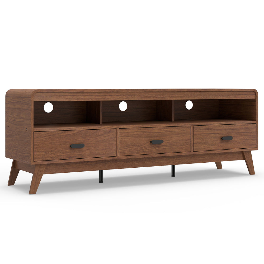 Mid Century Modern TV stand in walnut with 3 storage drawers and open shelves, suitable for TVs up to 70".