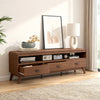 Mid Century Modern TV stand in walnut finish with 3 storage drawers and open shelves, perfect for TVs up to 70".