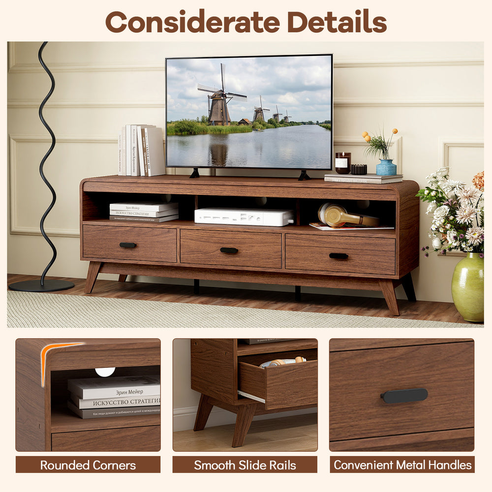 Mid Century Modern TV stand in walnut with 3 storage drawers, open shelves, and rounded corners for TVs up to 70".