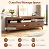 Mid-century modern TV stand in walnut with spacious tabletop, 3 drawers, and 3 open compartments for organized storage.
