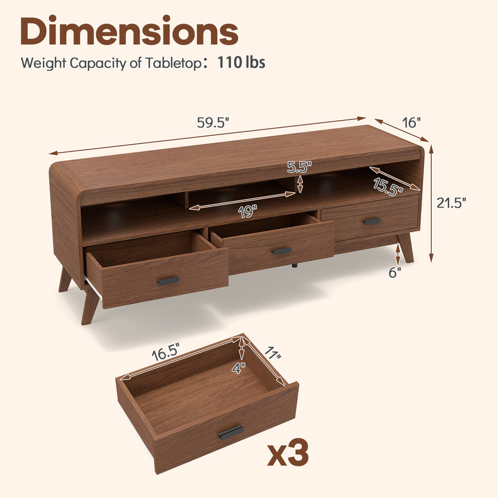 Mid Century Modern TV stand in walnut with dimensions, featuring 3 storage drawers and open shelves for TVs up to 70".