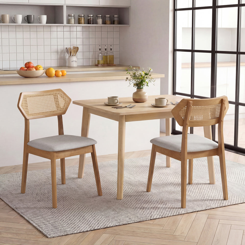 Mid Century Rattan Dining Chairs Set of 2 with Rattan Back and Solid Wood Frame-Natural - Gallery View 1 of 8