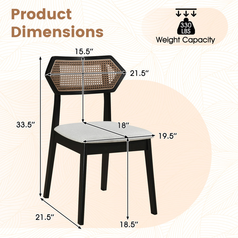Product dimensions of Mid Century Rattan Dining Chair with a solid wood frame, ergonomic design, and 330 lbs weight capacity.