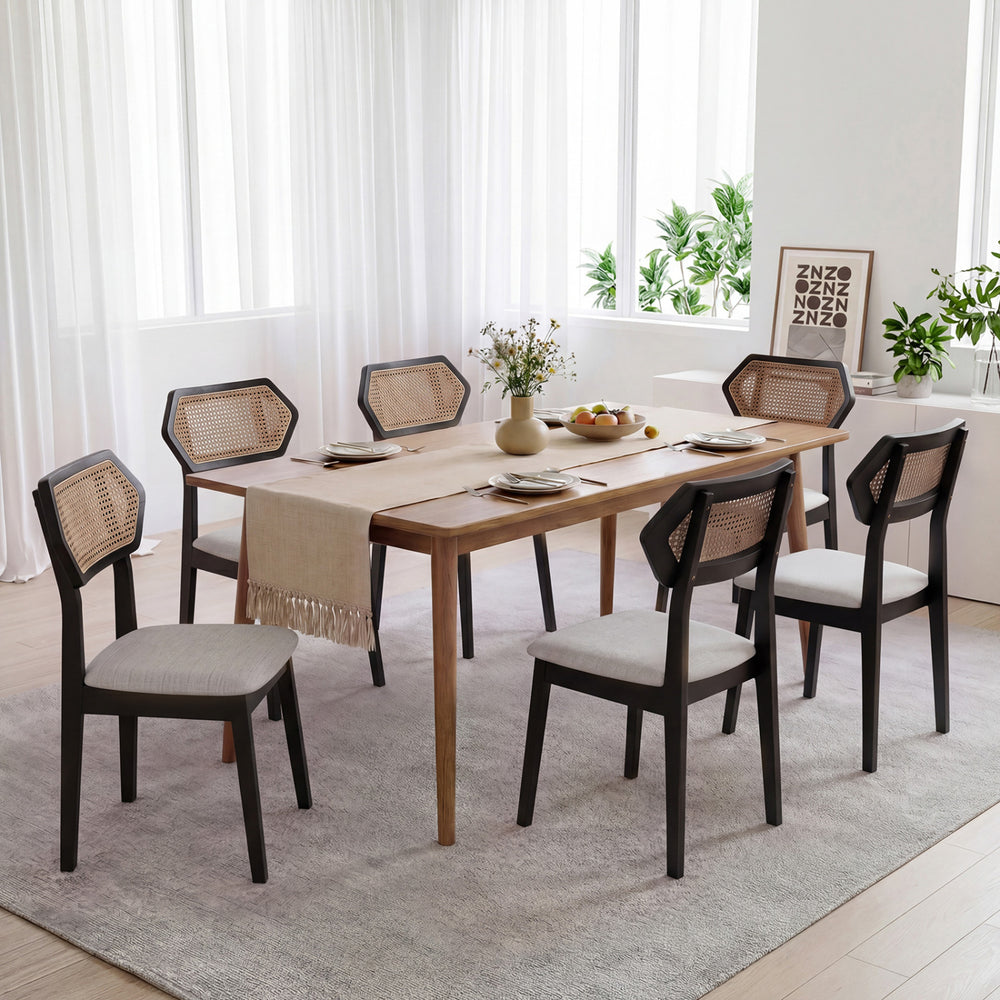 Mid Century Rattan Dining Chairs set of 4 feature ergonomic backs and breathable fabric, perfect for dining rooms or cafes.