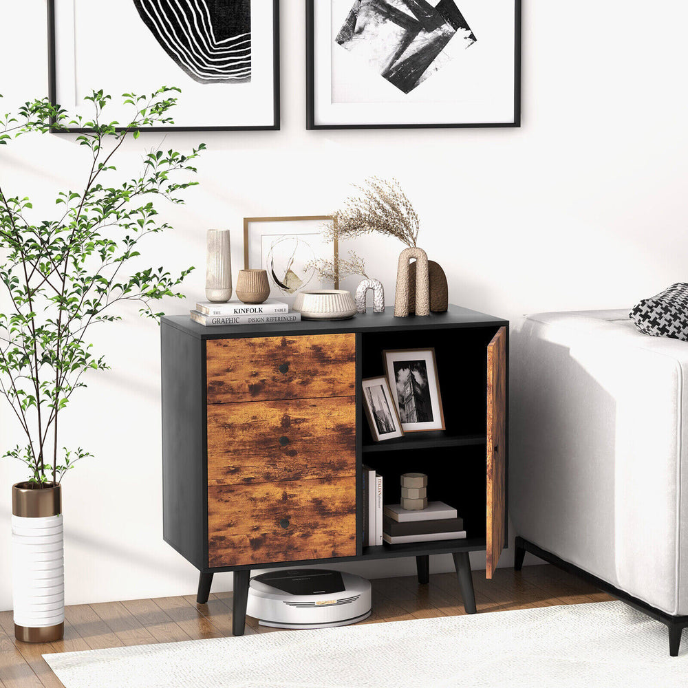 Mid-century wood storage cabinet featuring 3 drawers and a 2-tier door cabinet, perfect for stylish organization.
