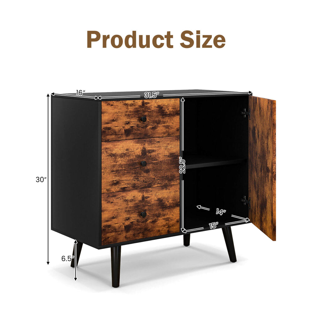 Mid-century wood storage cabinet with 3 drawers and door, featuring adjustable shelves and anti-slip footpads for.