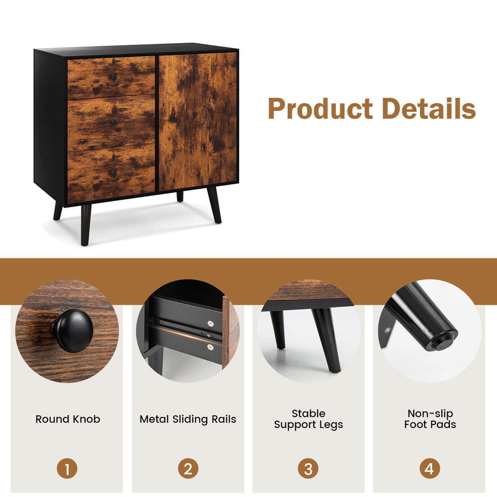 Mid-century wood storage cabinet featuring a vintage design, 3 drawers, and a 2-tier door cabinet for versatile.