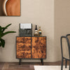Mid-century wood storage cabinet with two doors and three drawers, featuring a vintage design for versatile room use.